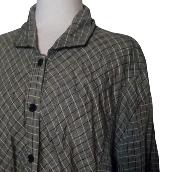Flax Black Cream Button Front Grid Print 100% Linen Shacket Front Pockets Large - Picture 3 of 8